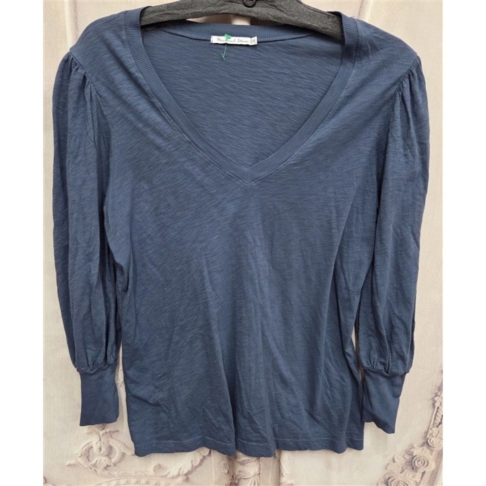 NWOT Michael Stars OS V Neck Cuffed Puffy Sleeves T Shirt Blue 131974